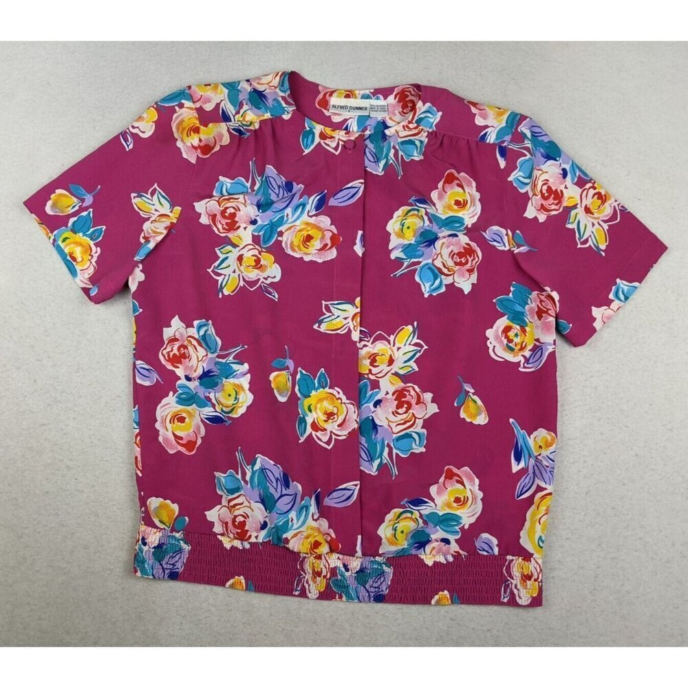 Alfred Dunner Women's Top Pink Floral Print Short Sleeve Silky Textured Size 8